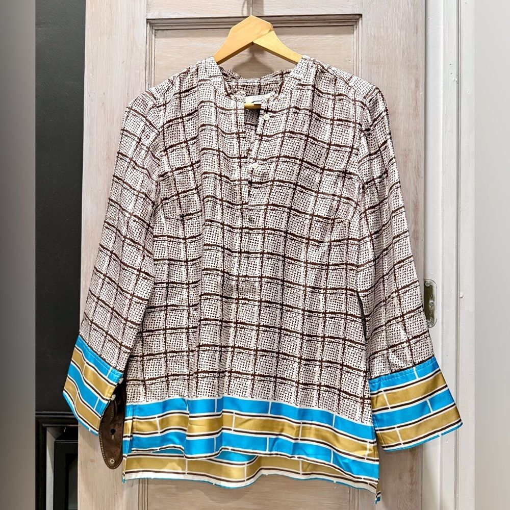 J Crew Collection $148 Silk Tunic, Speckled Plaid, Ivory Brown Blue, Size S, EUC